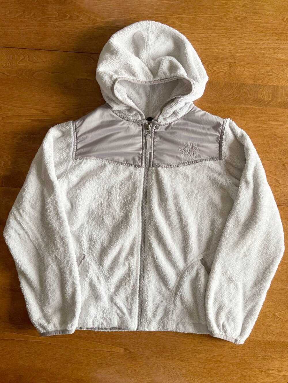 The North Face white and gray fleece hoodie L 14/16